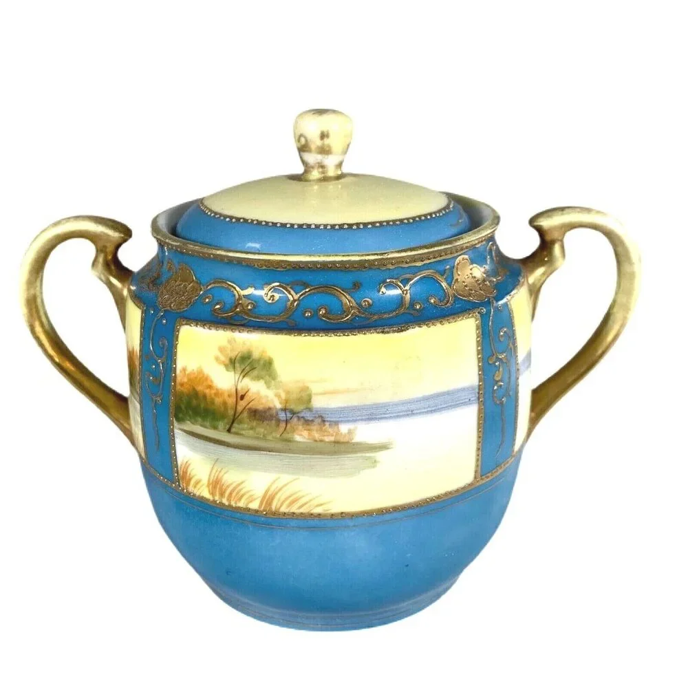 Vtg Chikaramachi Creamer Sugar Bowl Set Hand Painted Japan Green Mark 1924-35 - Picture 8 of 12